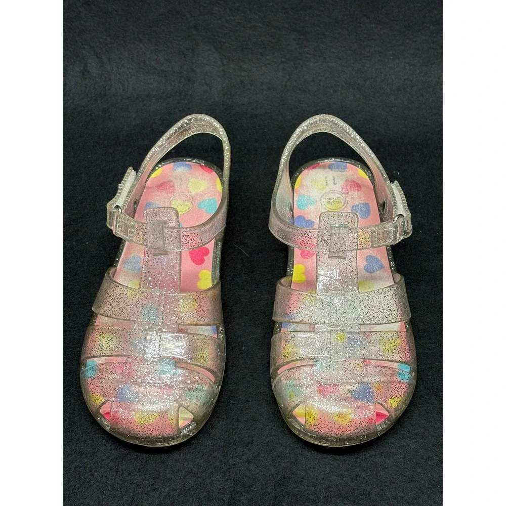 Wonder Nation Girls Clear Glitter Jelly Sandals Heart Print Fisherman Size 11